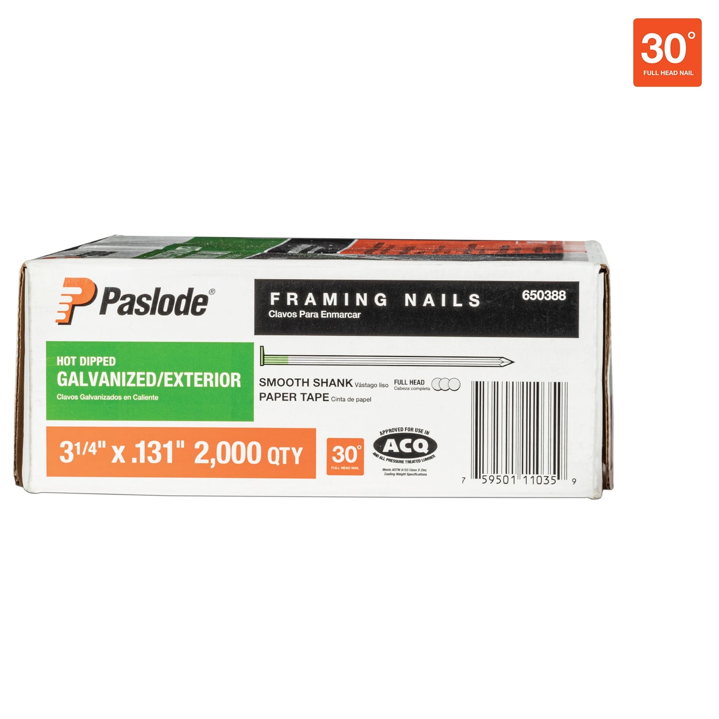 Paslode 3-1/4-in x 0.131-in 30 Degree Hot-Dipped Galvanized Smooth Shank Collated Framing Nails (2000-Per Box) 650388