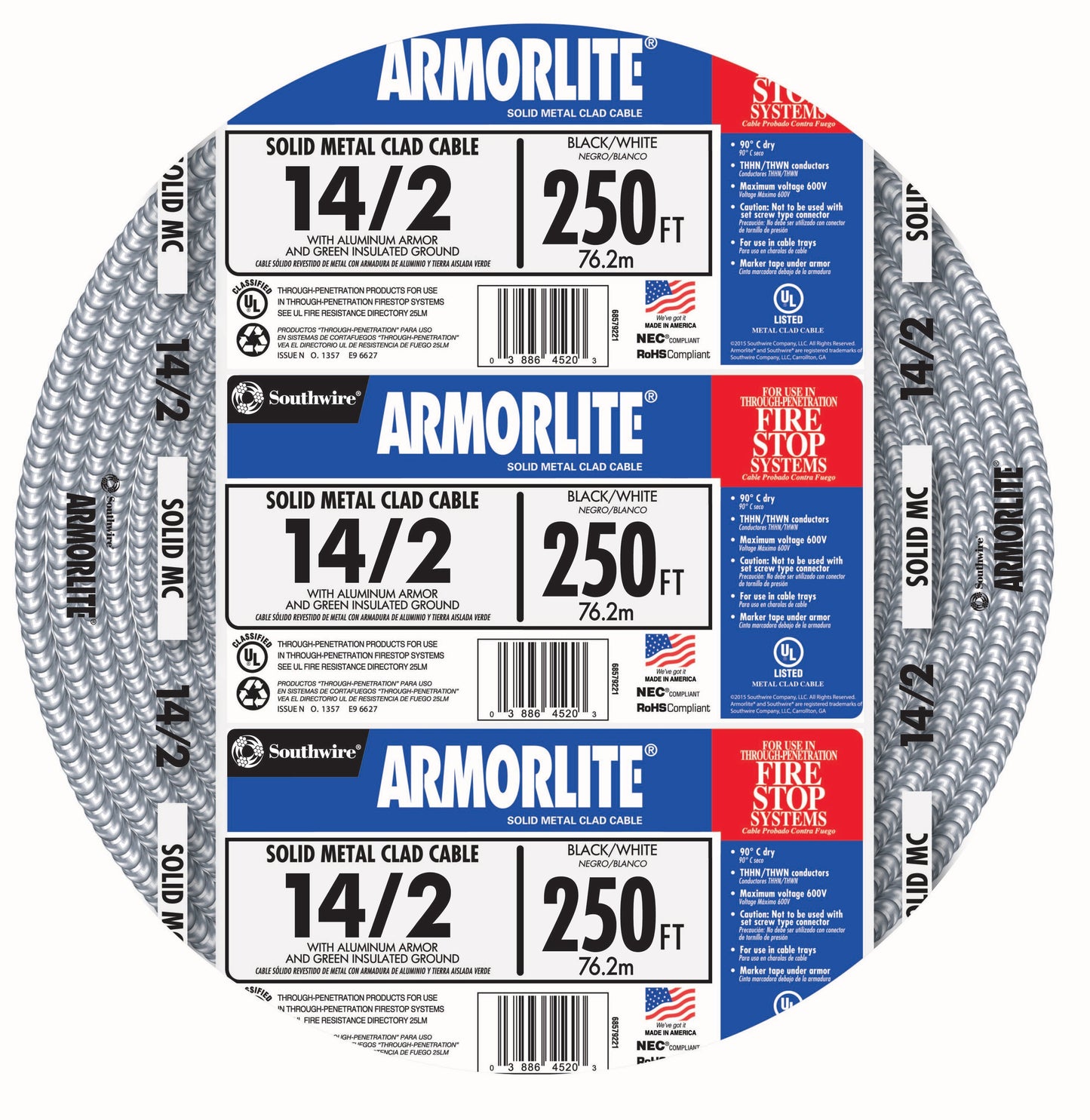 Southwire Armorlite 250-ft 14/2 Solid Aluminum MC (Metal Clad) Cable 68579201