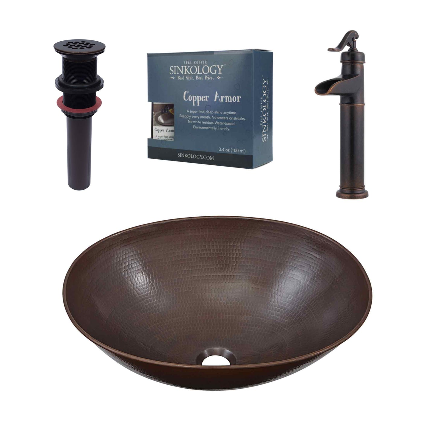 SINKOLOGY Maxwell Copper Vessel Oval Rustic Aged Copper Bathroom Sink with Faucet and Drain Included (18-in x 14-in)