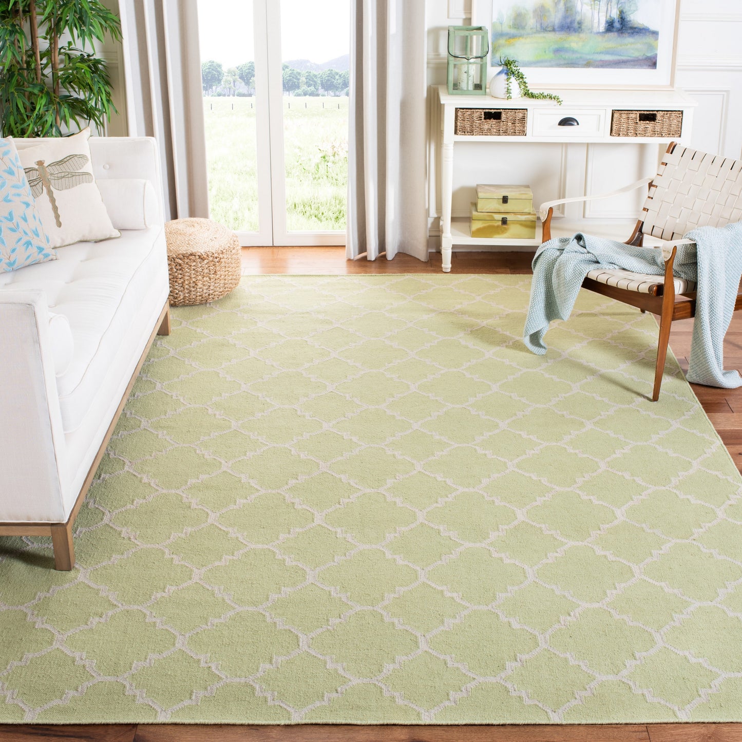Safavieh Dhurries Malina 9 x 12 (ft) Wool Light Green/Ivory Rectangular Indoor Trellis Coastal Area rug