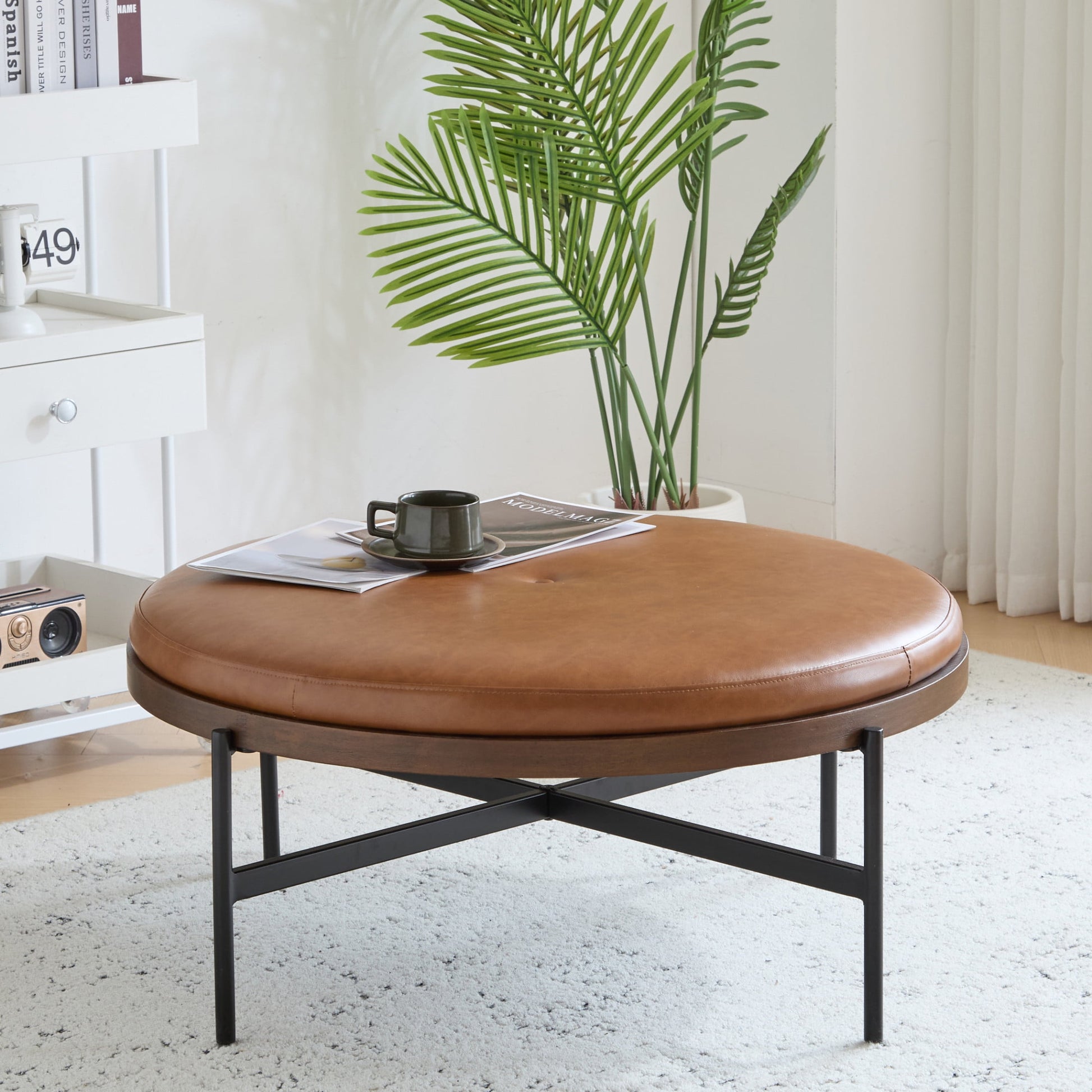 36'' Modern Round Cocktail Ottoman with PU Upholstery and Metal Base, Brown+Black