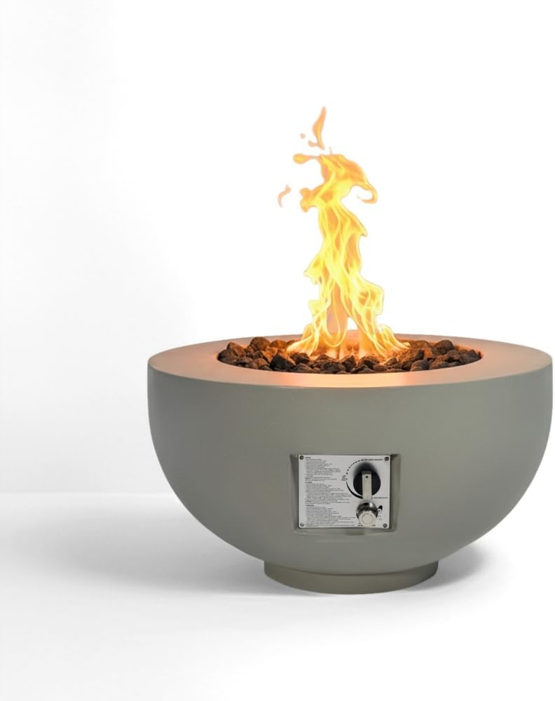 Aqua-Grey Magnesium Oxide Concrete Outdoor Fire Pit Table 28″ x 28″ Compact Patio Bowl with 40,000 BTU Clean-Burning Propane, Push-Button Ignition & Weather-Resistant Cover