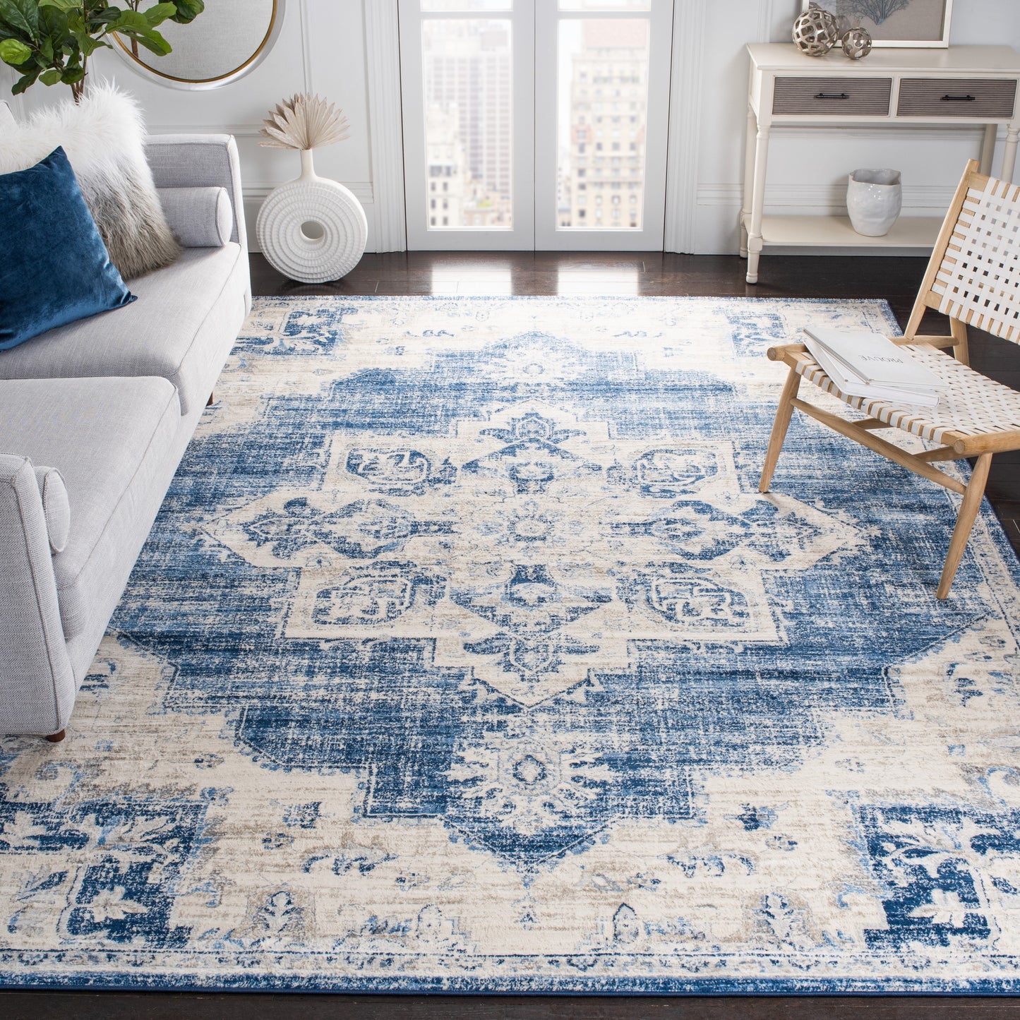 Safavieh Brentwood Clara 12 x 18 (ft) Loomed Ivory/Navy Rectangular Indoor Distressed/Overdyed Bohemian/Eclectic Area rug