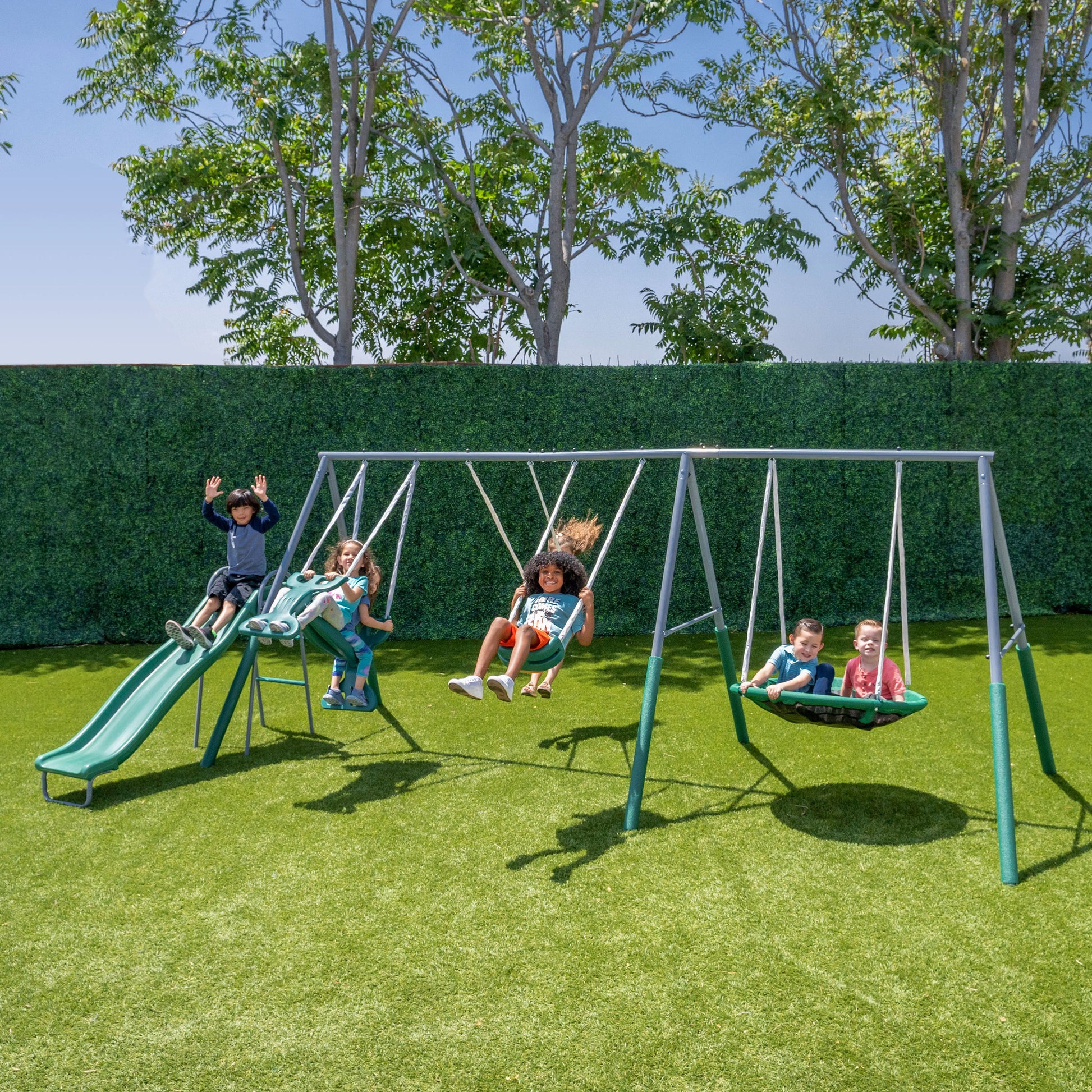 The Swing Company Rochester Metal Swing Set Residential Metal Swing set with 4 Swings and Slide Included