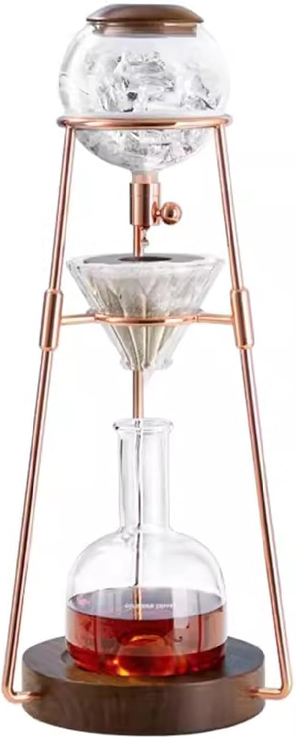 Beverage Equipment Creative Siphon Coffee Maker,Comfortable Espresso Dripper Coffee Pot Ice Water Dripp Machine Glass Filter,Luxury Cold Brew Coffee Maker with Stainless Steel Stand(Gold)