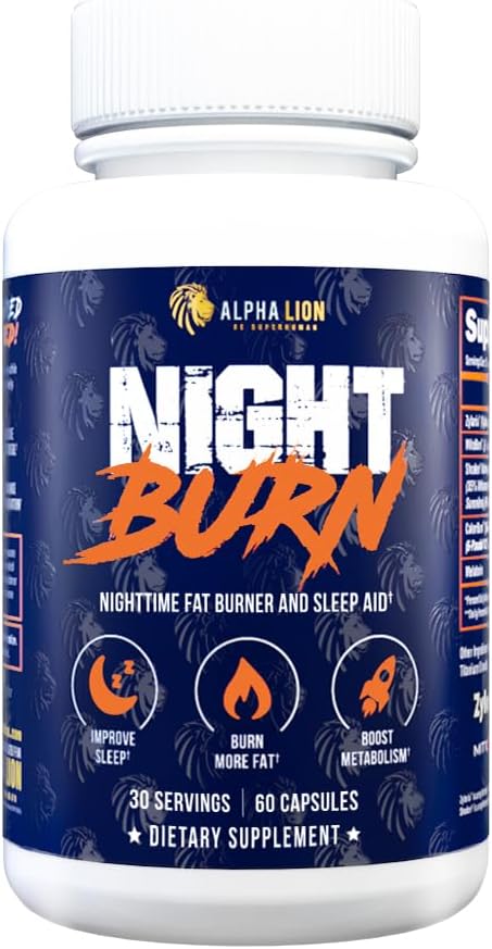 ALPHA LION Night Burn, Metabolism Booster for Weight Loss, Less Body Fat, More Muscle, Promotes Lean Body, Calorie Burning Supplement, Relax Better, Promote Healthy Cortisol (60 Capsules)