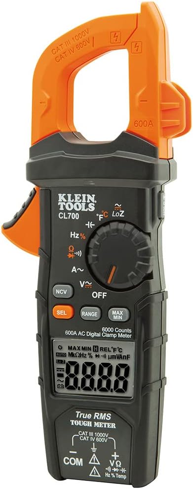 Klein Tools CL700 Auto Ranging Digital Clamp Meter, TRMS 600Amp, AC/DC Volts, Current, LoZ, Continuity, Frequency, NCVT, Temp, More, 1000V