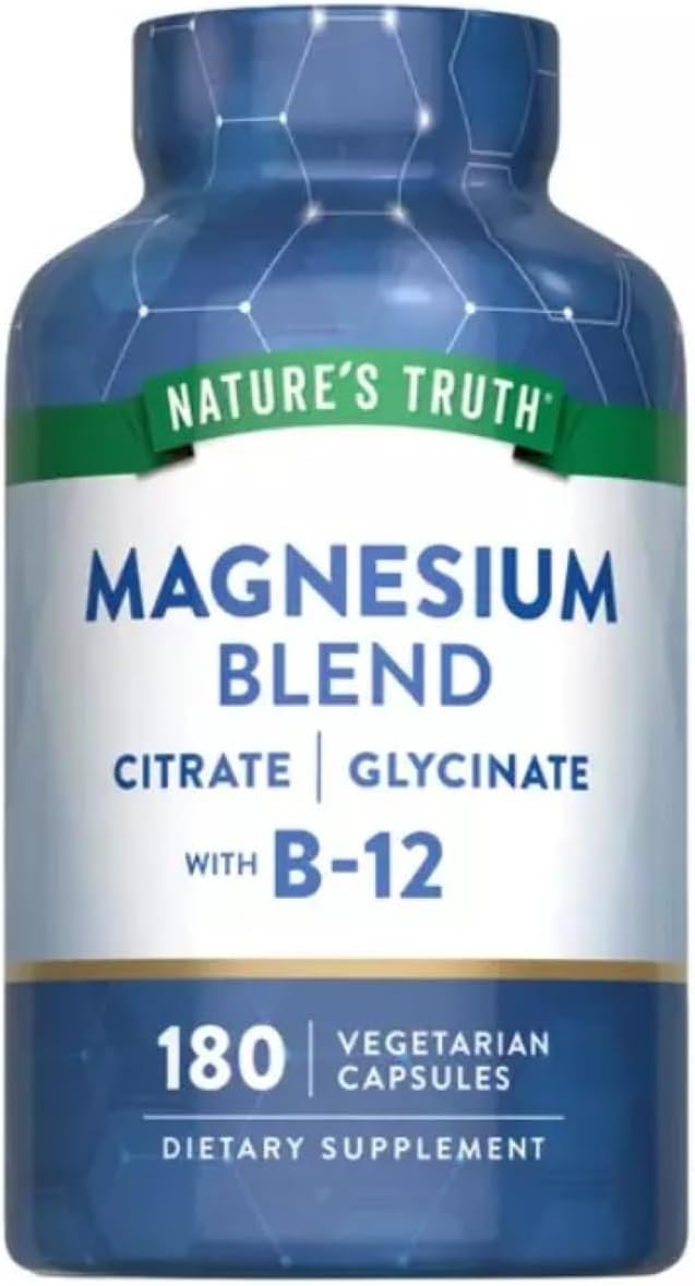 Nature's Truth Magnesium Blend with Vitamin B-12 – Citrate, Glycinate & Aspartate_Supports Muscle, Nerve & Energy Health (180 Vegetarian Capsules)