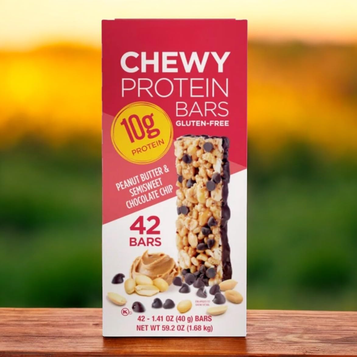 Kirkland Chewy Protein Bars β Peanut Butter & Chocolate Chip, 1.41 oz, 42 Count | Gluten-Free, 10g Protein