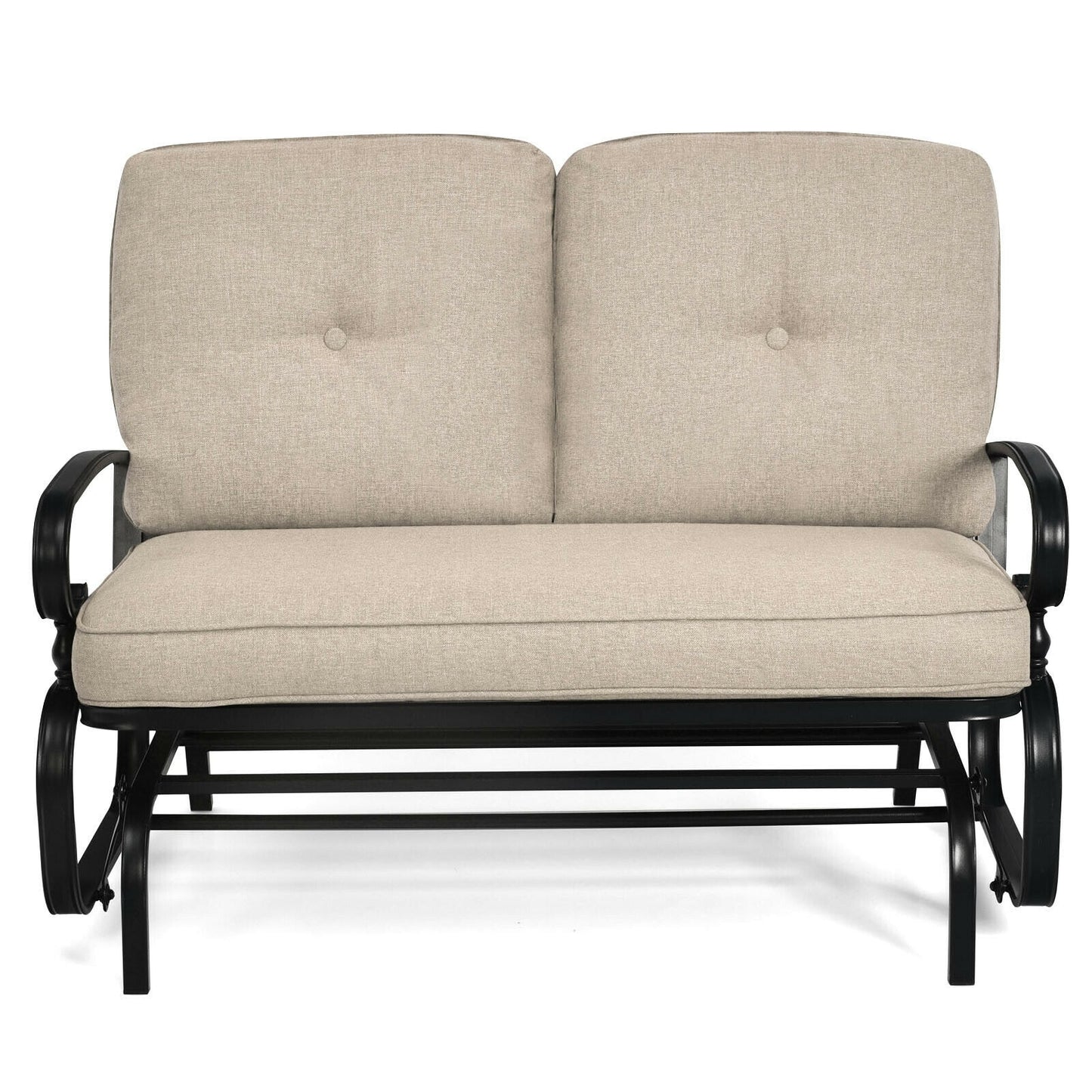 WELLFOR CW Glider Loveseat Black Steel Frame Glider Rocking Chair with Off-white Cushioned Seat
