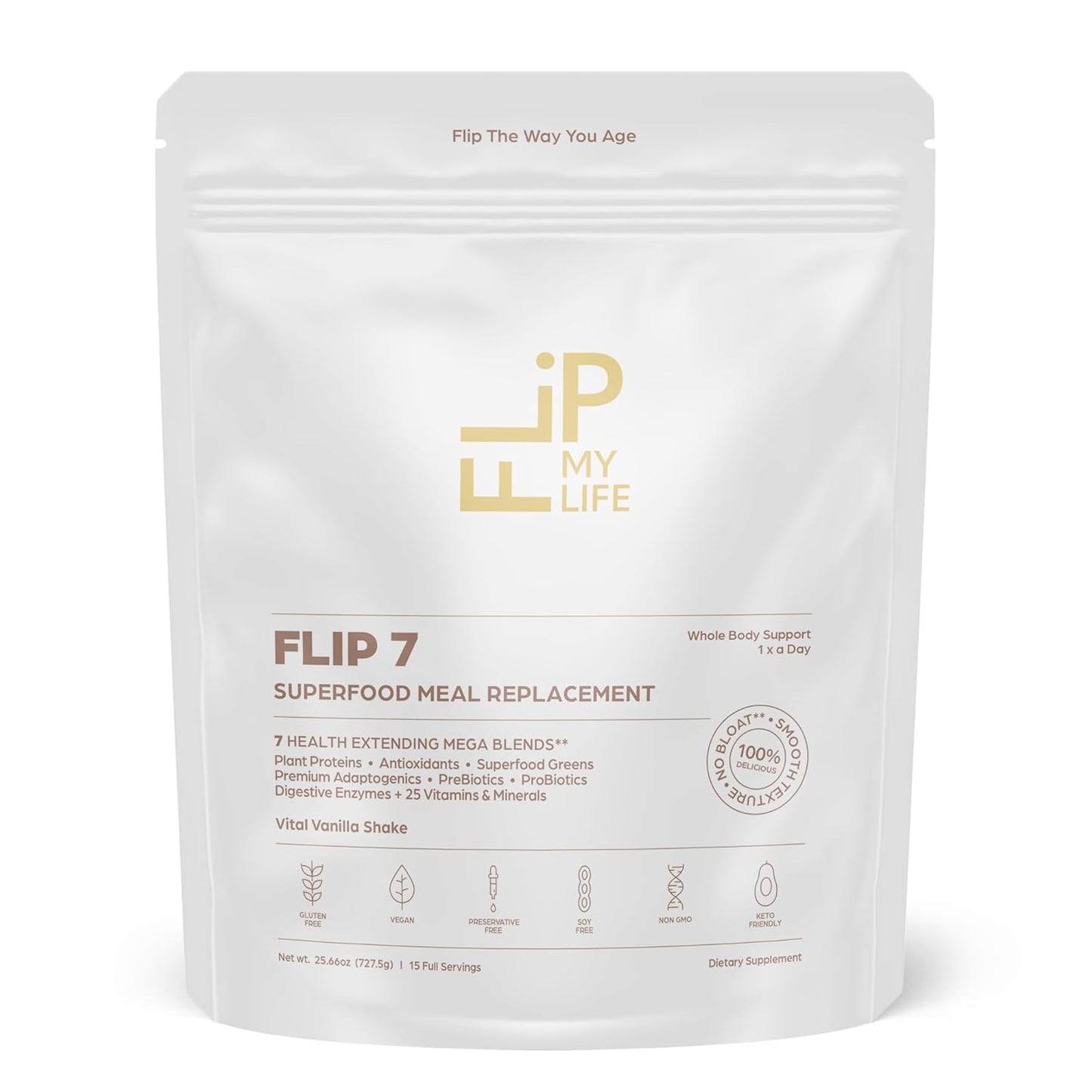 Flip My Life, Flip 7 Natural SuperFood, Plant-Based Protein, Complete Meal Replacement to Support Healthy Gut, 7 Mega Nutrient Rich Blends all in one to AGE BETTER - Vanilla