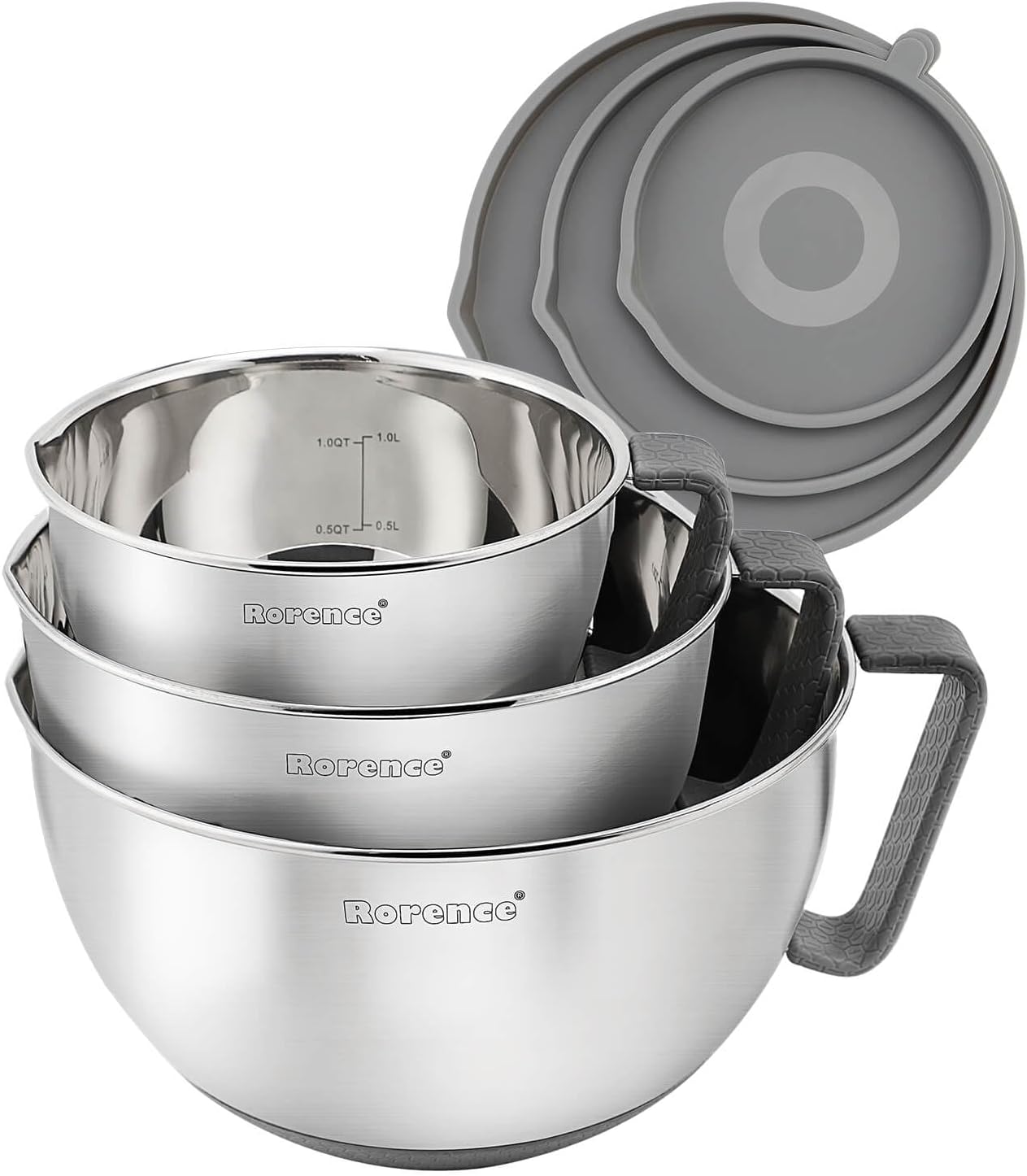 Rorence Mixing Bowls Set: Stainless Steel Non-Slip Bowls with Pour Spout, Handle and Lid - Set of 3 - Gray