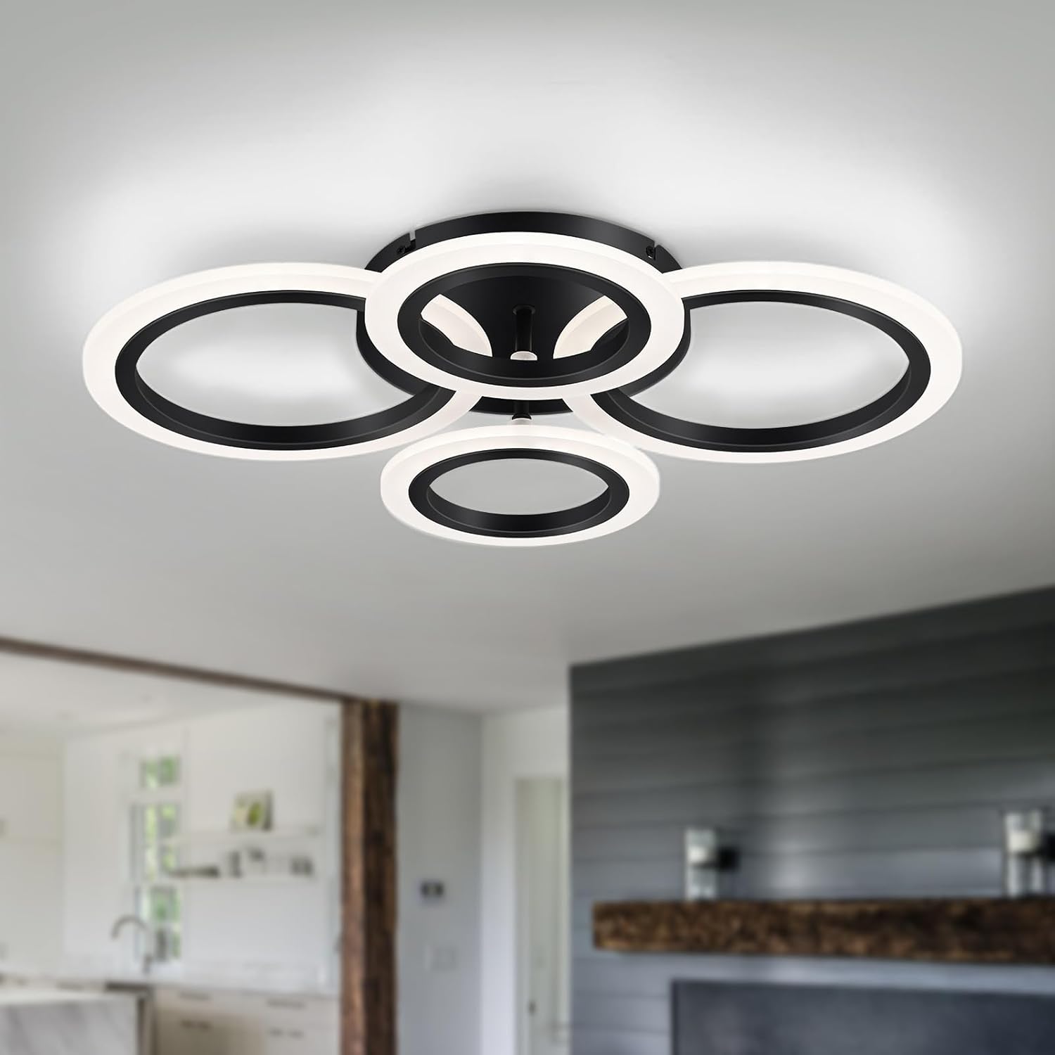 Vikaey Modern LED Flush Mount Ceiling Light, 4 Rings Black Close to Ceiling Light Fixtures, Kitchen Lighting Fixture Ceiling Lamp for Bedroom, Living Room, Laundry Room, 4000K Not Dimmable