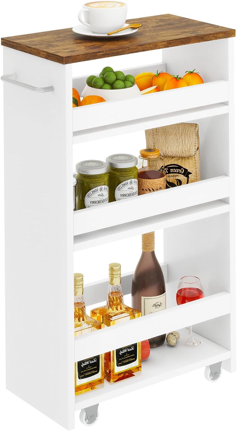 IBUYKE Slim Storage Cart 7.9" W, Rolling Kitchen Storage cart on Wheels for Small Spaces, 4-Tier Laundry Cart with Handle, Slide Out Utility Cart for Kitchen, Bathroom, Laundry,White UWST005W-L