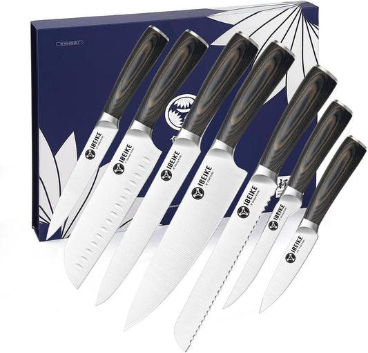 Chef Knife Set Professional - 7-Piece Kitchen knife Set without Block, High Carbon Stainless Steel Japanese-Style Kitchen knives, Full-Tang, Ergonomic Red Pakkawood Handle