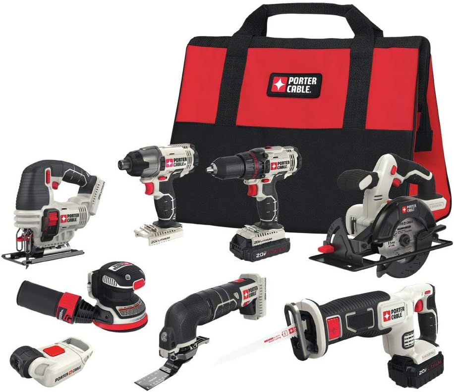 PORTER-CABLE 20V MAX 8-Tool Combo Kit Cordless Drill and Impact Driver, Circular and Reciprocation Saw, Jigsaw, Orbital Sander, Oscillating Tool, Flashlight (PCCK6118)