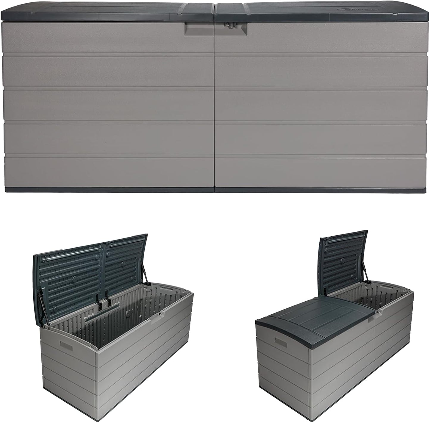 Suncast 120 Gallon Deck Box - Resin Outdoor Storage Box Waterproof for Patio Cushions, Pool Toys, & Garden Tools, Lockable Outdoor Storage Bin with Split Lid, Extra Large Dove Gray Outside Container