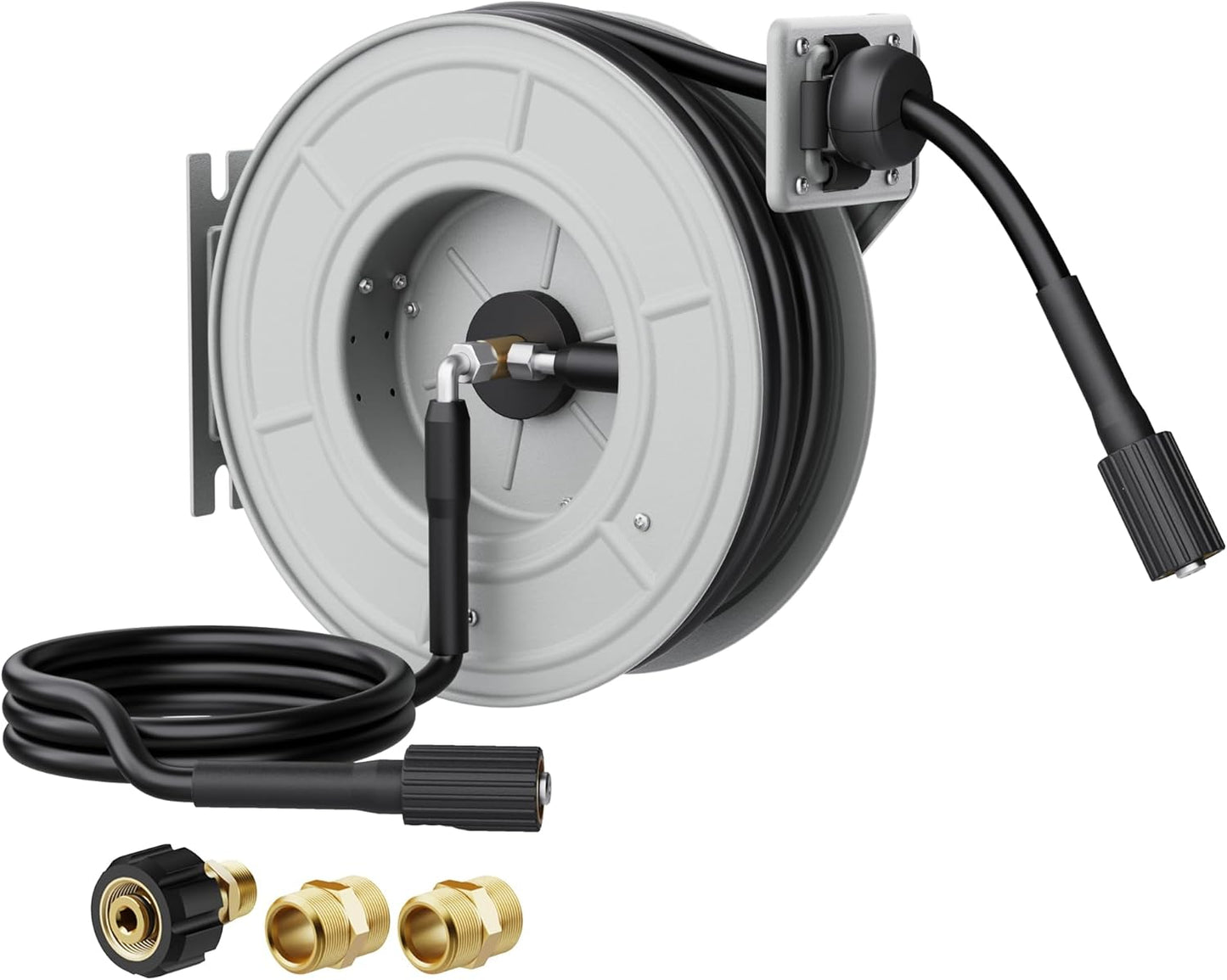 Giraffe Tools Pressure Washer Hose Reel 65ft, Retractable Power Washer Hose Reel, Heavy Duty, Wall/Floor Mounted, 3200 PSI, Silver