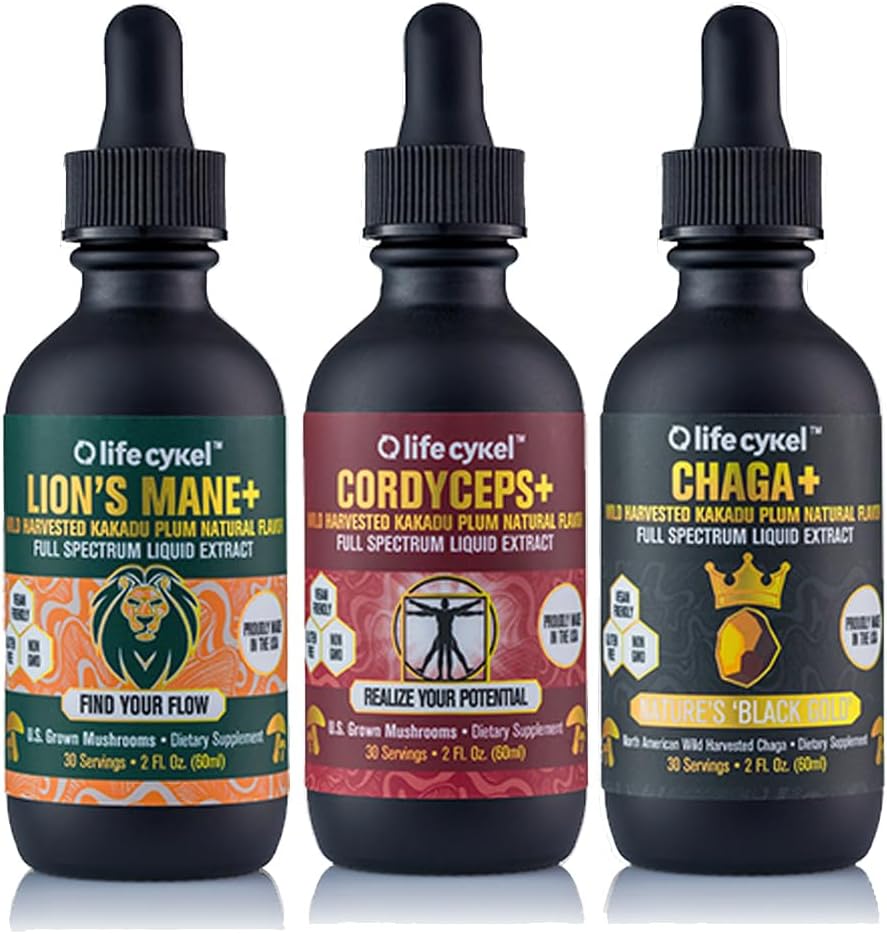 Life Cykel This is It Pack - Chaga, Lions Mane & Cordyceps Mushroom Extract - Full-Spectrum Mushroom Tincture for Energy, Mental Clarity & Immune Support - Vegan, Non-GMO- 2Fl/Oz Per Bottle