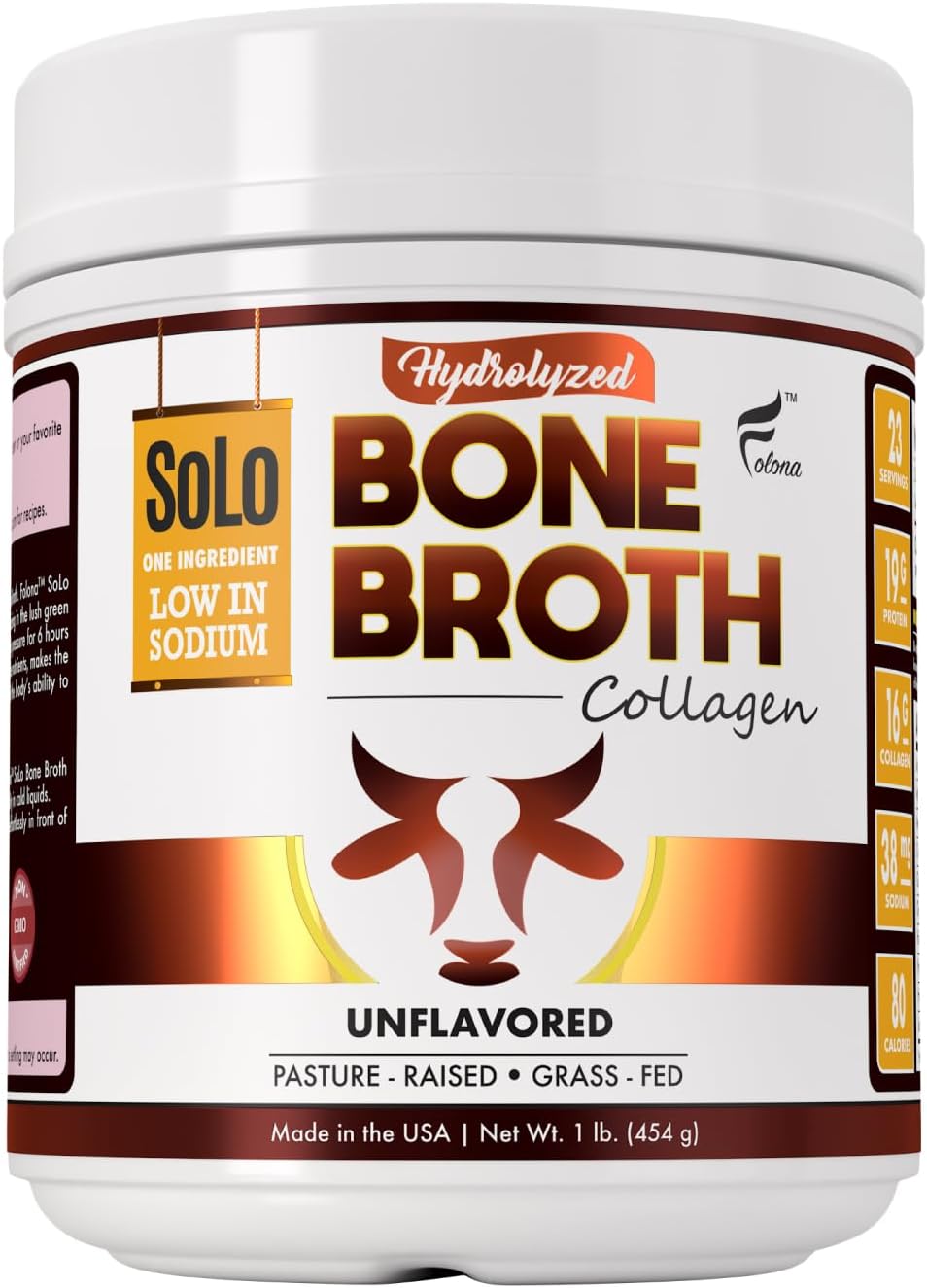 Solo Bone Broth Protein Collagen Powder Low Sodium, 16g Hydrolyzed Collagen Type I & III, for Healthy Skin, Nails, Hair, Joints & Digestion, Grass Fed, 1 lb (Canister - Net Wt. 1 lb. Powder)