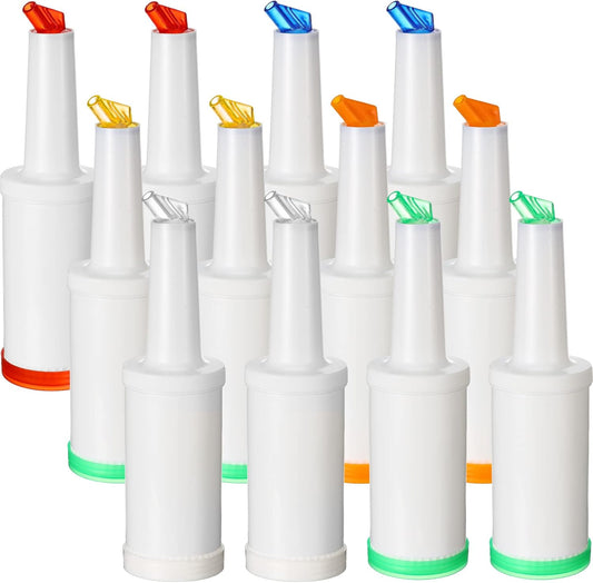 12 Pack Bar Pour Colorful Juice Pouring Bottle Containers 34 oz Plastic Juice Dispensers in 6 Colors for Bar Home Kitchen Party Supplies