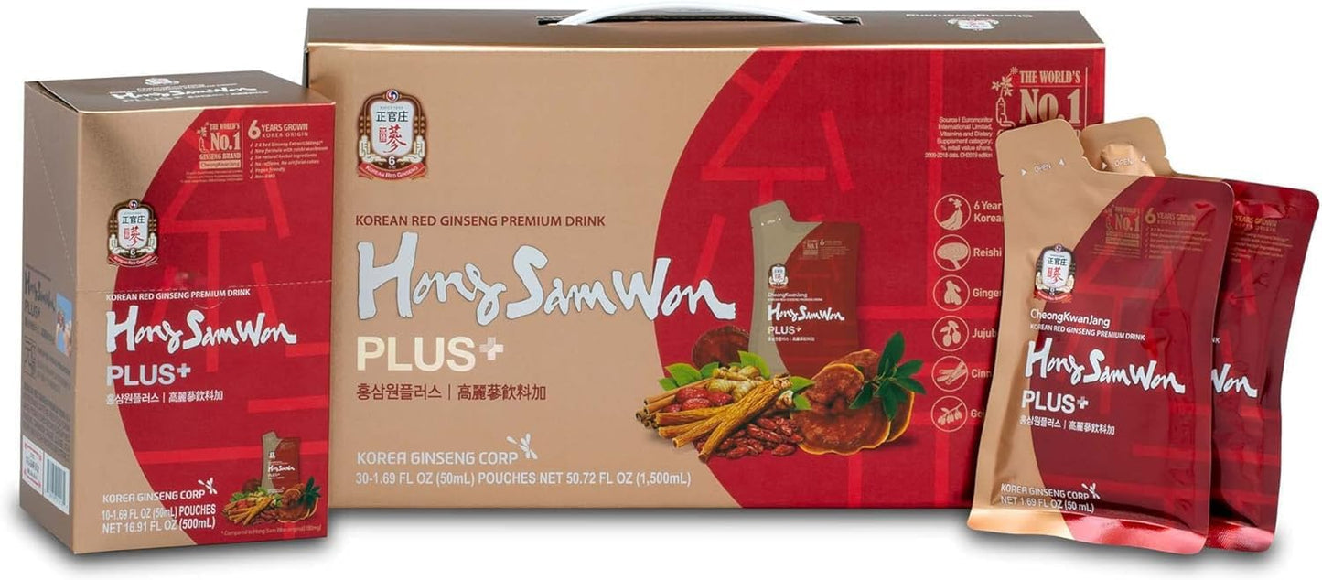 HongSamWon Plus Korean Red Ginseng Premium Drink | Energy Drink, Pre Workout, Herbal Tea | Korean Red Ginseng Extract 360mg, Reishi Mushroom, Ginger, Cinnamon, Gojiberry | Vegan Friendly | 30 Count