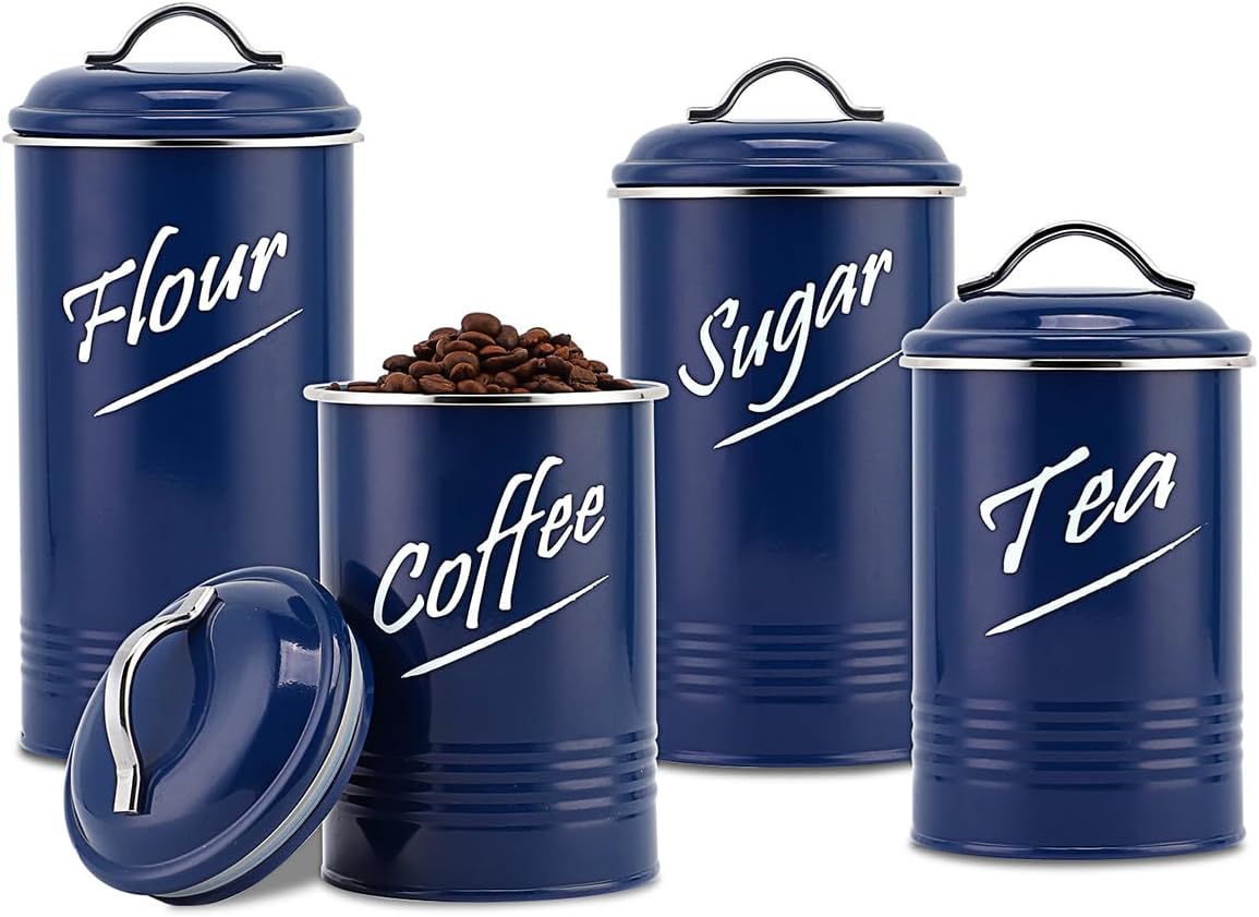 Hillbond Kitchen Canister Sets for Countertop Food Storage Containers Stainless Steel with Powder Coated Decorative Metal Storage Jars for Kitchen Counter Set of 4 (Navy Blue)