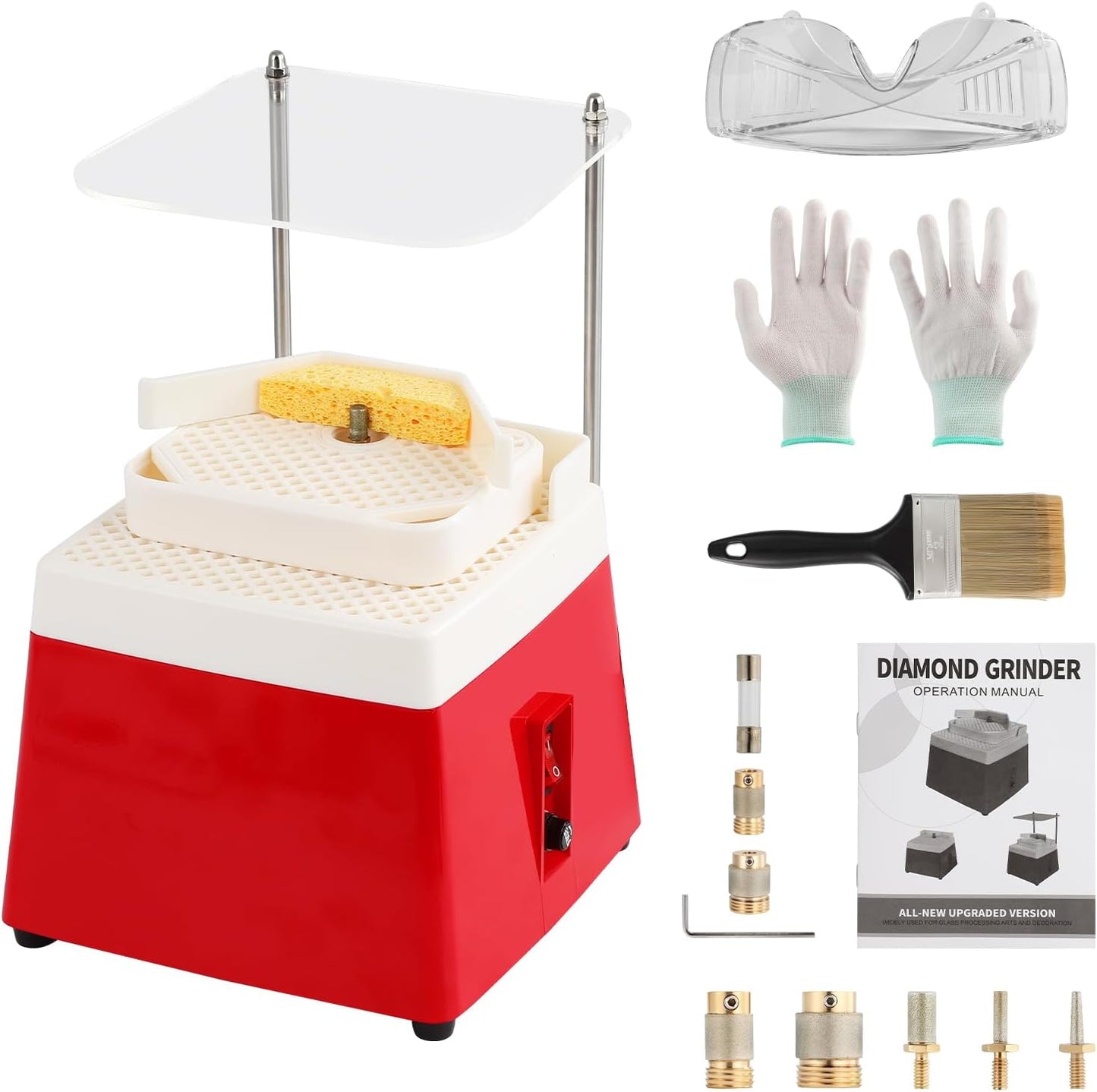 FAHKNS Stained Glass Grinder: 4200RPM Upgrade Stained Glass Grinder Kit with Double Layer,5/8",1",1/4",1/8" Replaceable Diamond Grinder Bits,Mini DIY Grinding Tools and Supplies (110V 65W,Red)