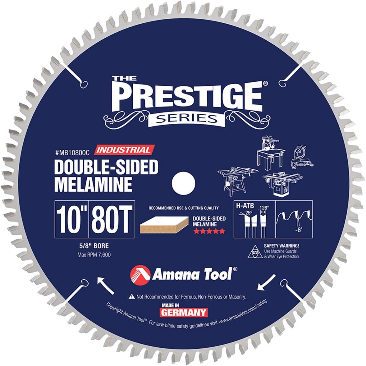 Amana Tool MB10800C Carbide Tipped Double-Face Melamine 10 Inch D x 80T H-ATB, -6 Deg, 5/8 Bore Circular Saw Blade