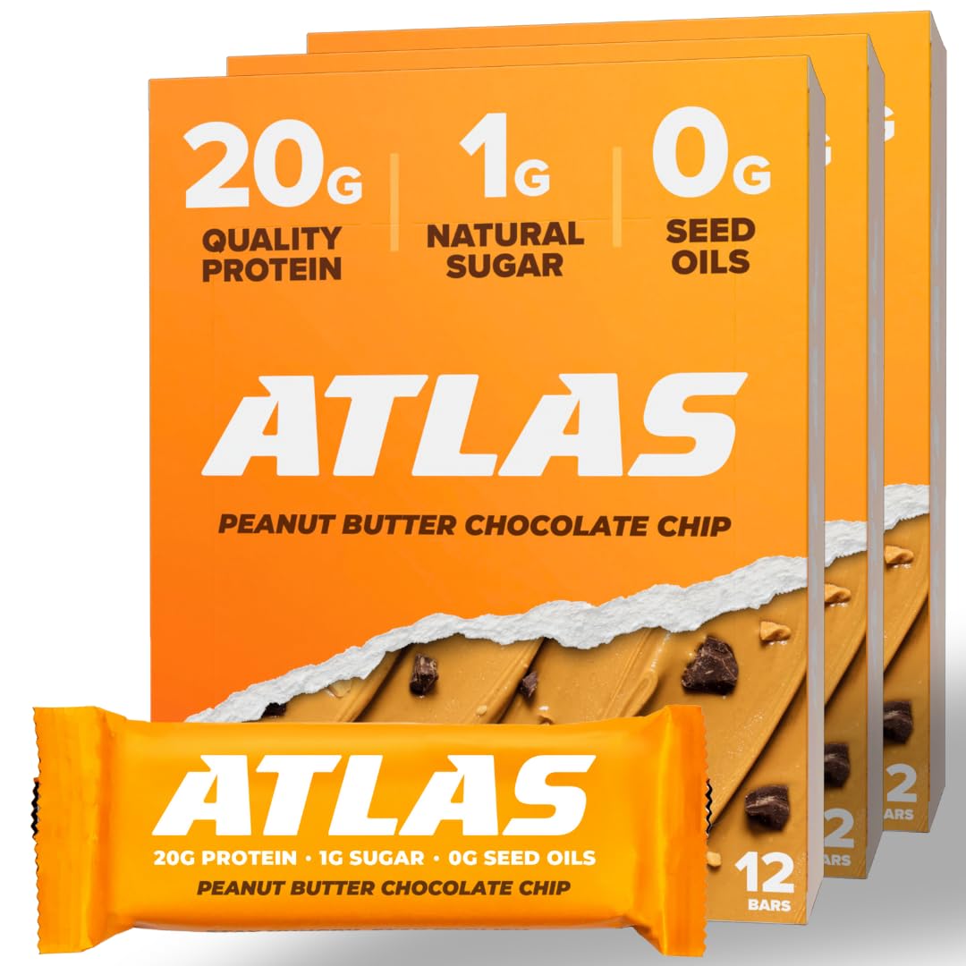 Atlas Protein Bar, 20g Protein, 1g Sugar, Clean Ingredients, Gluten Free (Peanut Butter Chocolate Chip, 12 Count (Pack of 3))