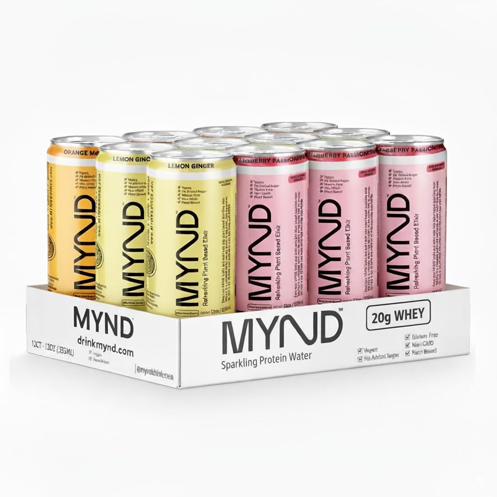 MYND Mixed Case Sparkling Protein Water, 20g Whey Protein, 4 Orange x 4 Lemon x4 Elderberry CASE