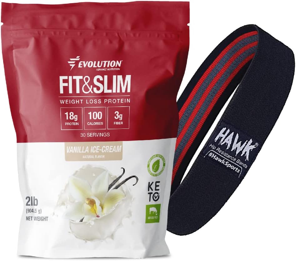 Evolution Advance Nutrition Fit & Slim Blend, 2 Pounds + Resistance Loop Bands for Home Exercise \u2013 Grass Fed Whey Protein Powder, Easy Digesting, Keto Approved, Non GMO, Stevia Sweetened (Vanilla)
