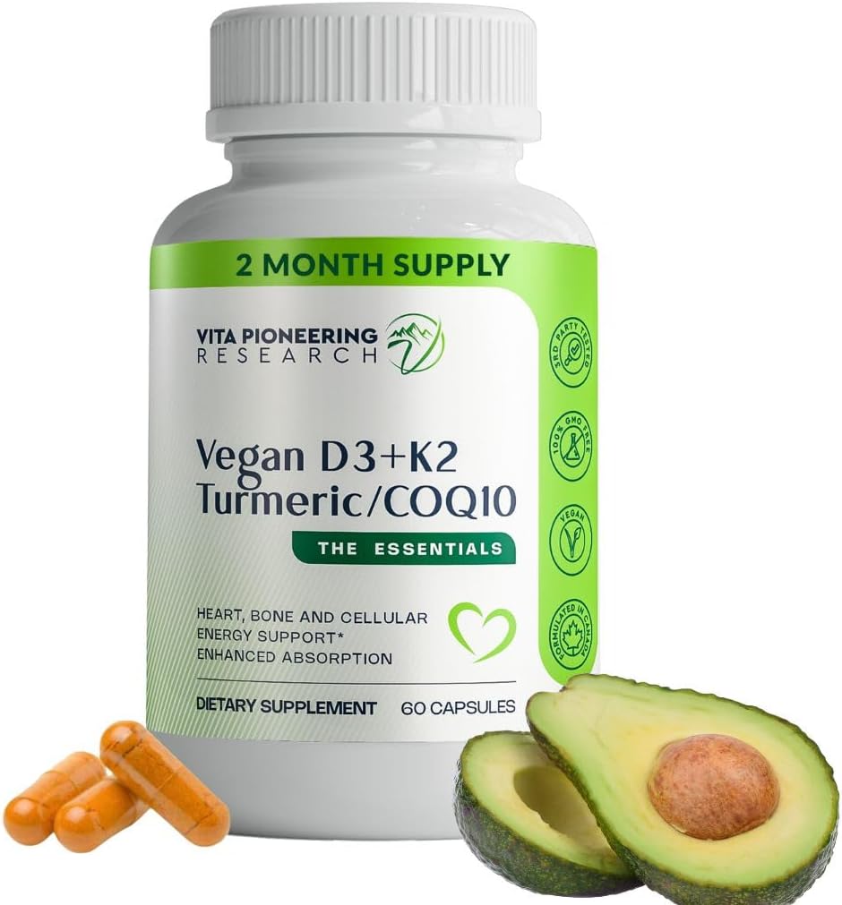 4-in-1 Plant Based Vegan Vitamin D3 2000IU + K2Vital Vitamin K2 with Turmeric and COQ10 - with Avocado Powder for Enhanced Absorption - Heart, Bone, Cellular Health Support