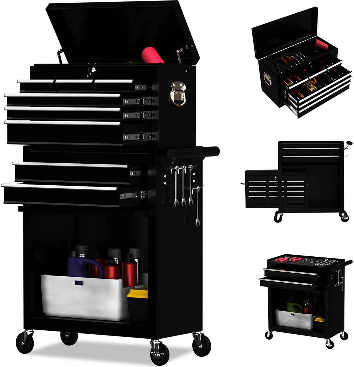 8 Drawer Rolling Tool Chest, High Capacity Tool Box with Lockable Wheels and Drawers, 2 in 1 Portable Toolbox Organizer Storage Cabinet For Garage, Warehouse, Repair Shop