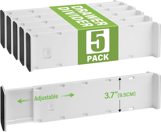 Zruitong 5 Pack Drawer Dividers 3.7" High Slim Organizers Expandable 14.8-25.6" Adjustable Separators for Shallow Drawers Kitchen Utensils Baby Clothes Underwear Storage-White(Long)