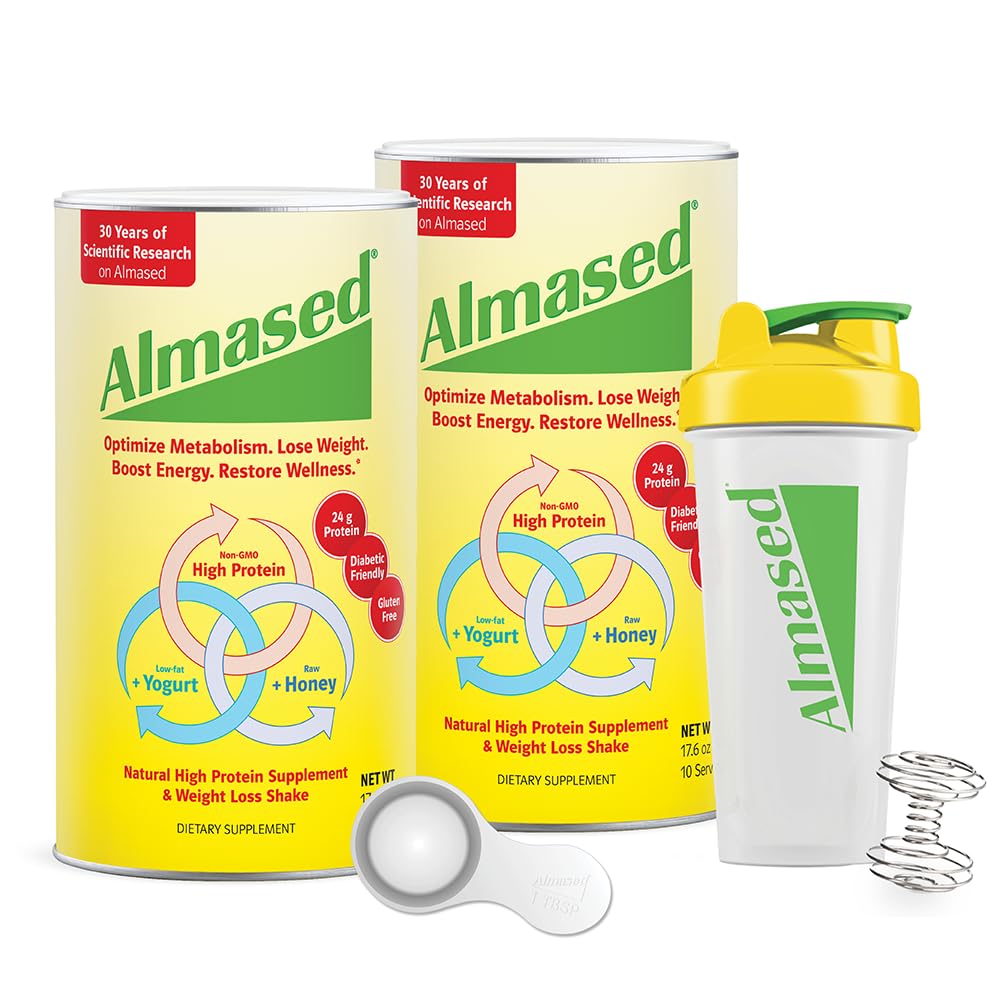 Almased Protein Powder for Weight Loss Kit for Men & Women, Natural Meal Replacement Shake for Weight Loss, Supplement, 24 Grams of Protein Per Serving (Original Flavor, 2 Cans @ 17.6 oz ea + Shaker Bottle + Scoop)