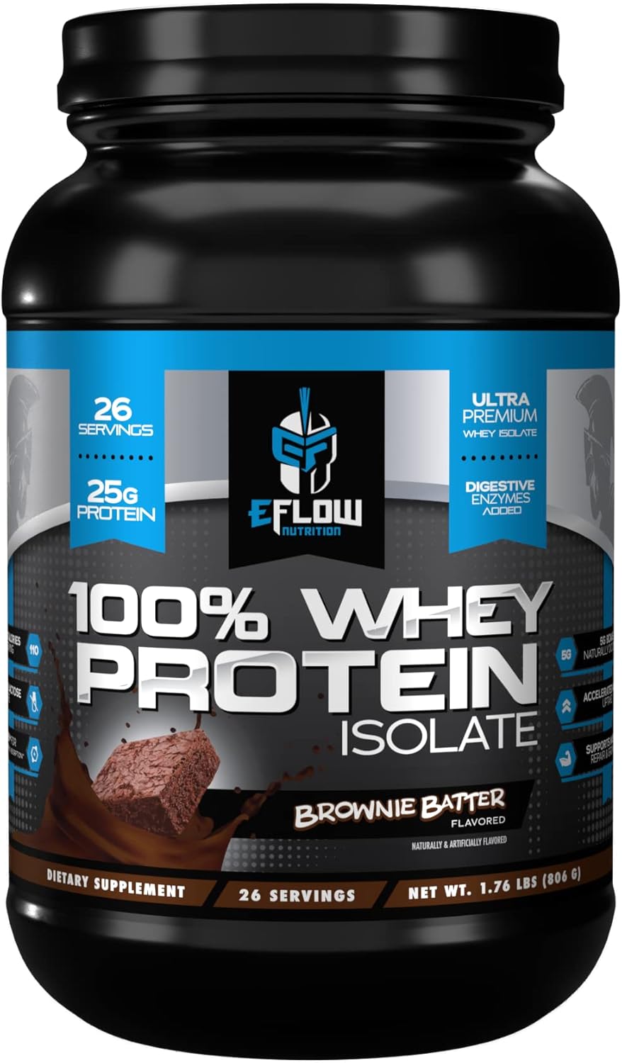 eFlow Nutrition 100% Whey Protein Isolate - Gluten & Lactose-Free Digestive Enzymes Added, Low Carb, Post Workout Shake, Fast Digesting for Optimal Muscle Recovery - Brownie Batter (26 Servings)