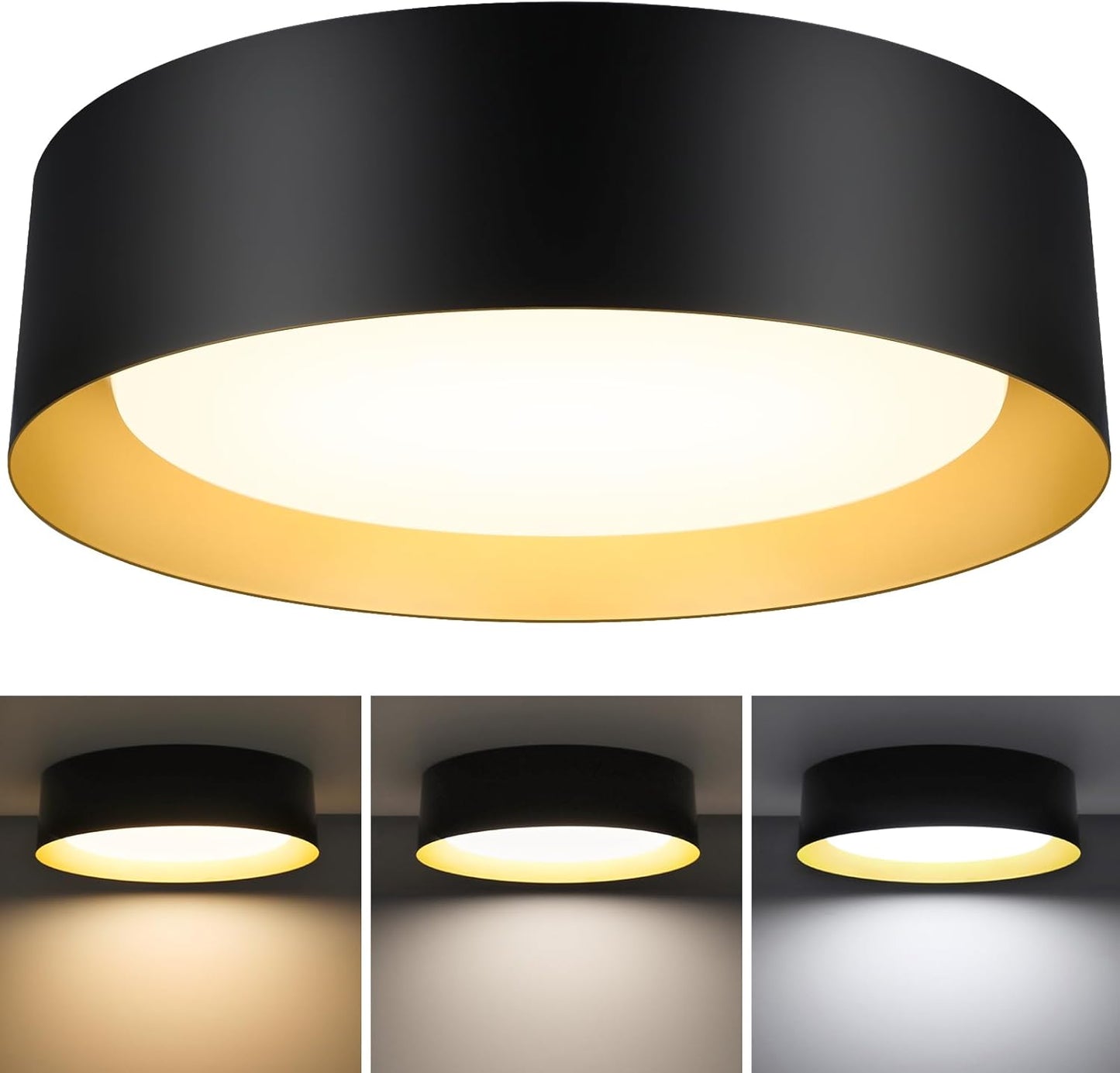 BrightHome Flush Mount LED Ceiling Light, 13in 2400LM 25W, 3 Color (3000K, 4000K, 5000K) Dimmable Black Gold Modern Lamp for Bedroom, Bathroom, Hallway, Kitchen