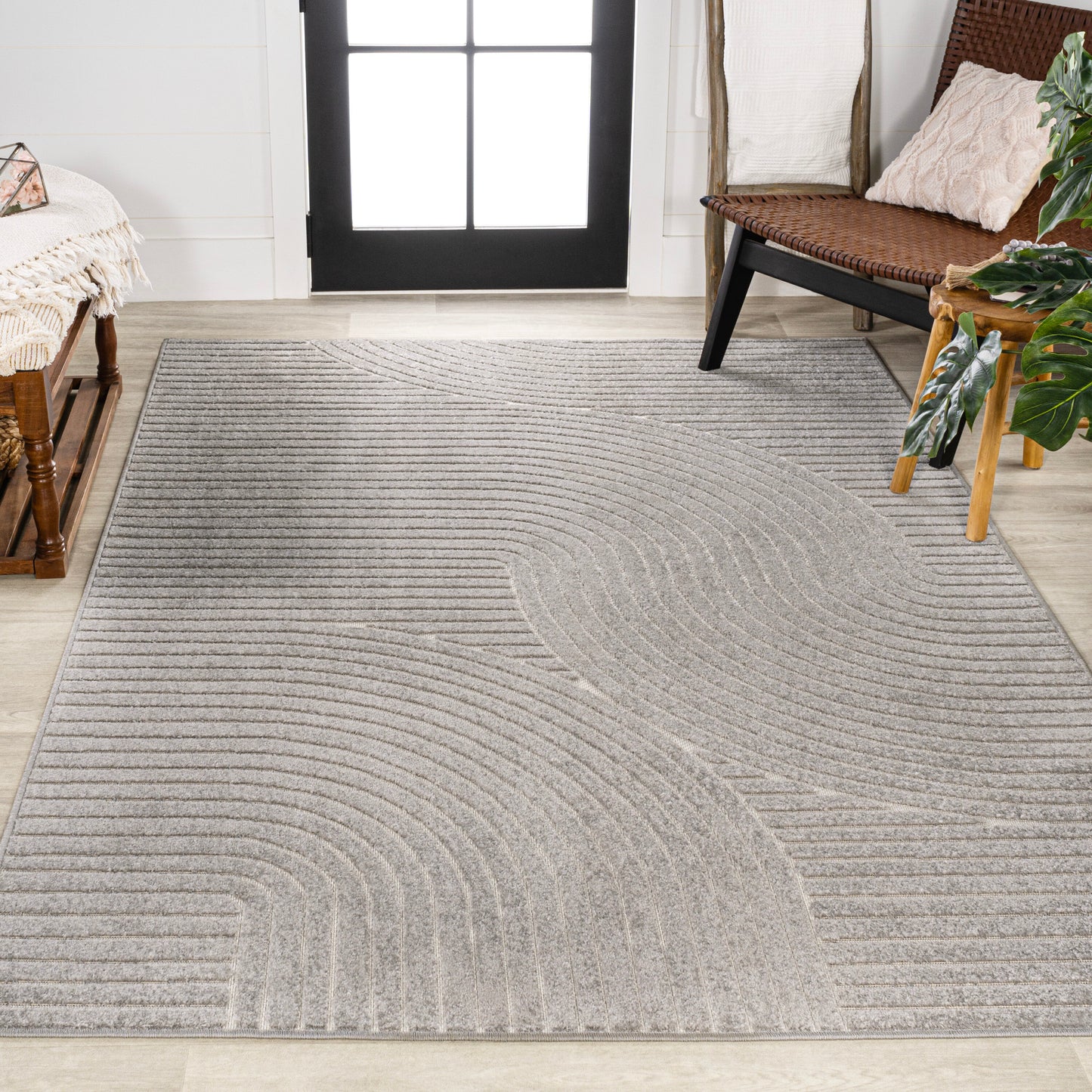 JONATHAN Y SCANDINAVIAN Hallie High-Low Minimalist Curve 9 x 12 (ft) Loomed Gray/Ivory Rectangular Indoor/Outdoor Geometric Mid-Century Modern Pet Friendly Area rug
