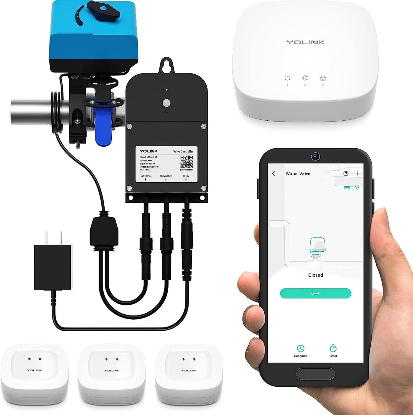 YoLink Yolink Smart Water Leak Protection System Kit: Bulldog Valve Robot, Smart Valve Controller 2, 3 Water Leak Sensors, Hub 3YS7903+YS5003S+H+B