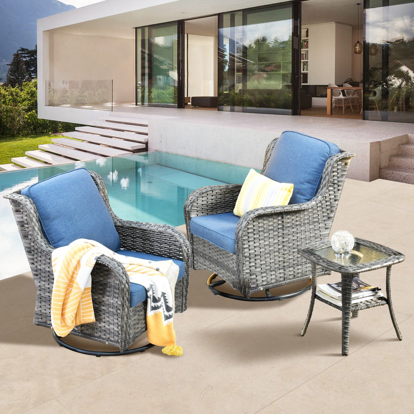 XIZZI Vesta 3 -Piece Wicker Patio Conversation Set with Blue Cushions
