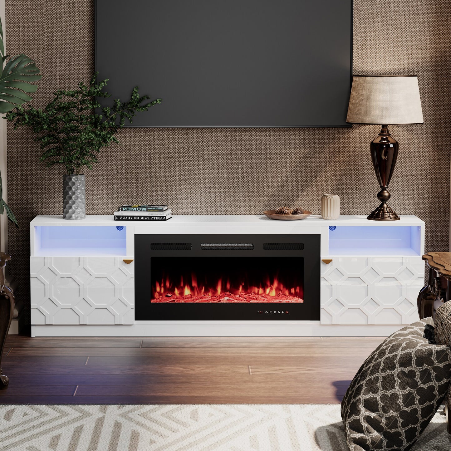 Clihome 70.08-in W White TV Stand with Fan-forced Electric Fireplace CL-JHTVB36-WH