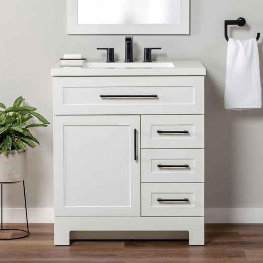 Style Selections Cauley 30-in True White Single Sink Bathroom Vanity with White Cultured Marble Top
