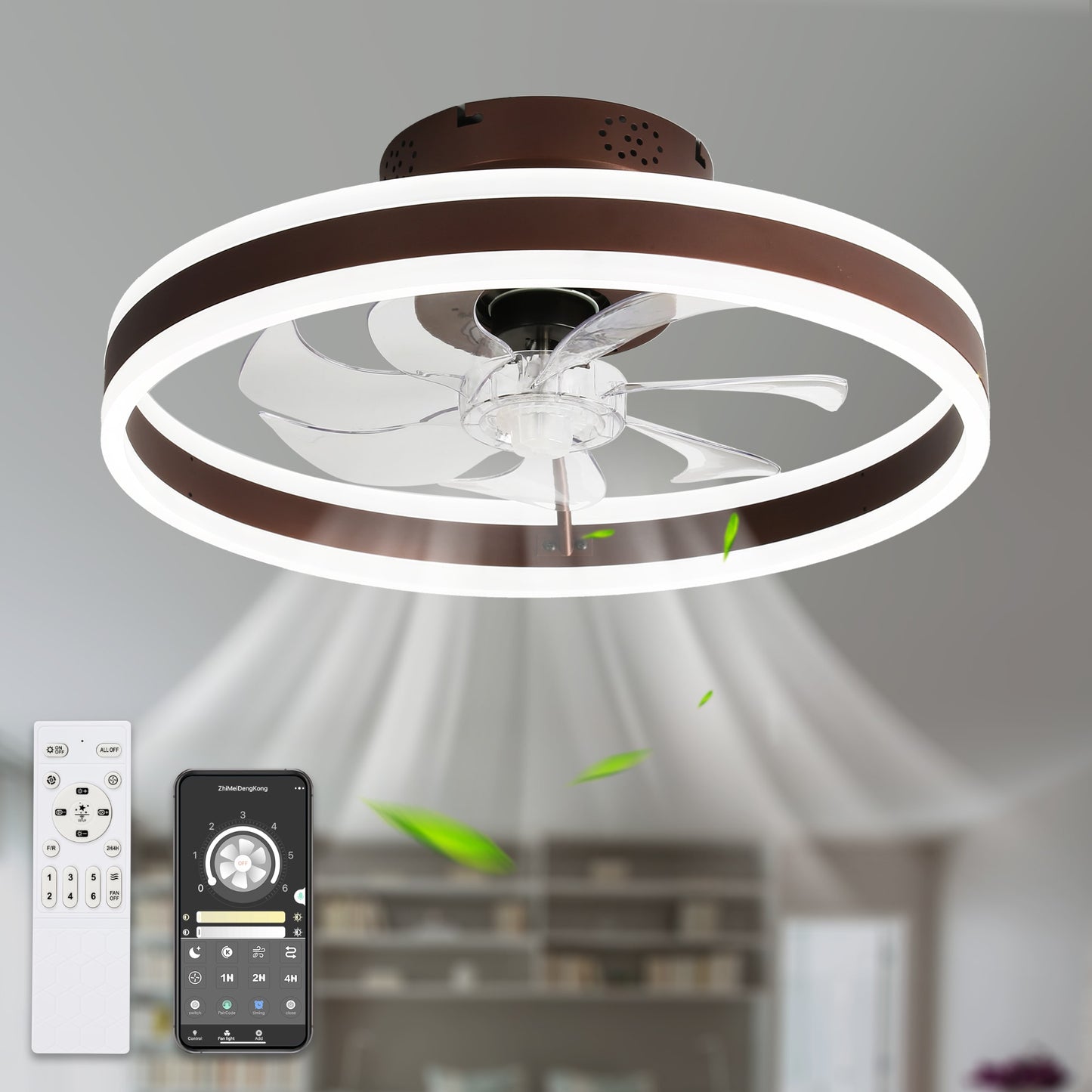Bella Depot Low Profile Fans 20-in Coffee with Clear Blades Color-changing Integrated LED Indoor Flush Mount Smart Fandelier Ceiling Fan with Light and Remote (7-Blade) DC2002-K