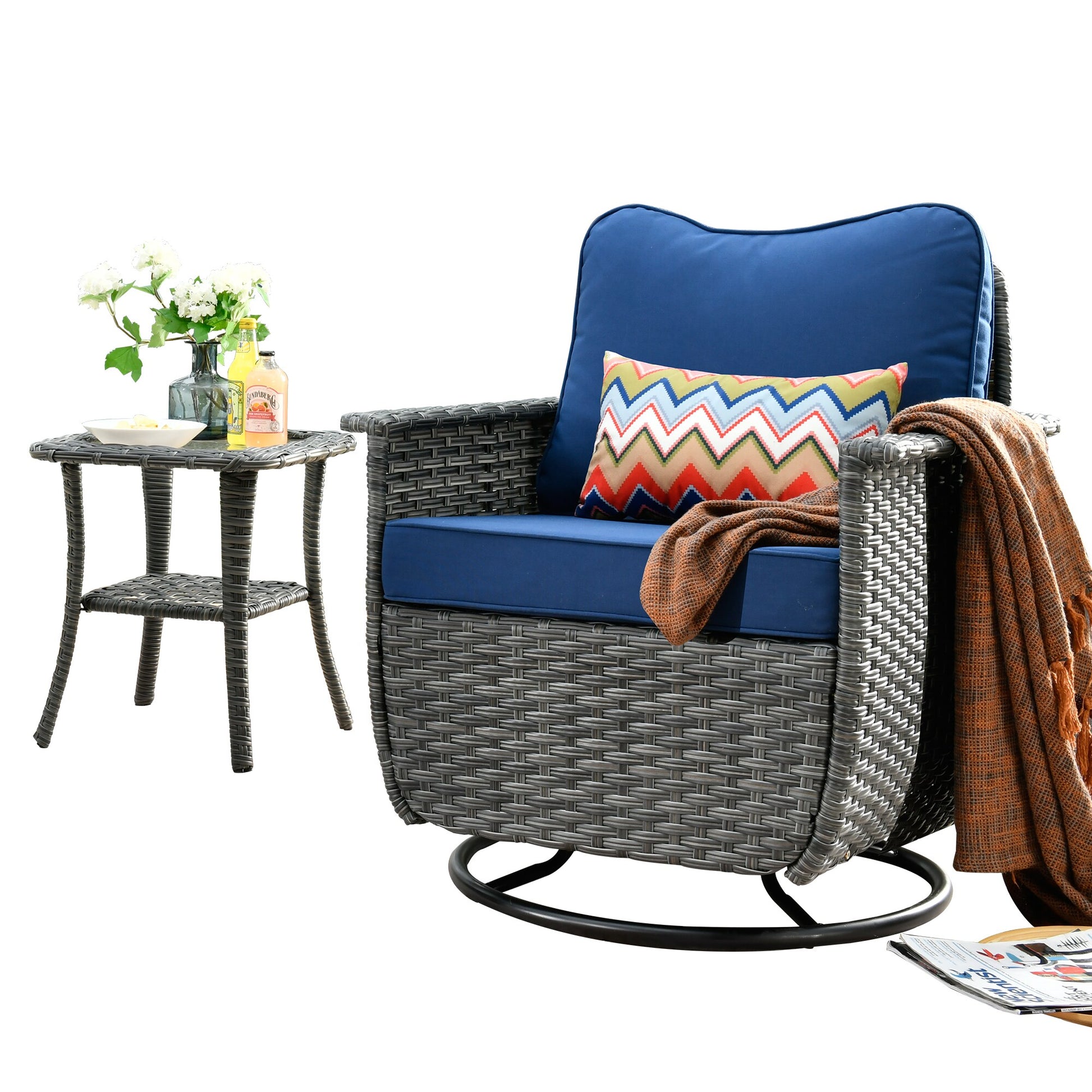 Ovios Nature Wicker Gray Metal Frame Swivel rocker Conversation Chair with Navy Cushioned Seat
