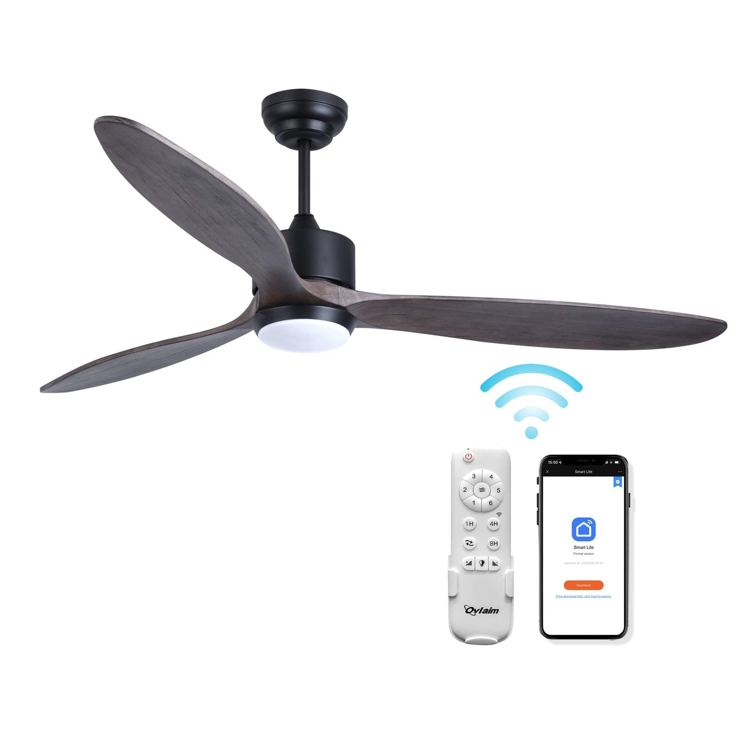 Yardreeze 60-in Color-Changing Smart Black with Brown Wood Blades Ceiling Fan With Light - Remote Included ( 3 -Blade )