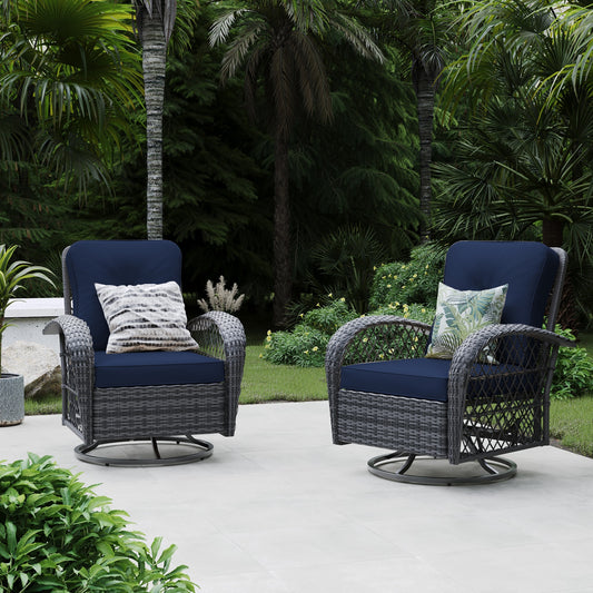 Patio Watcher Rocking Chair Set of 2 Rattan Gray Metal Frame Swivel rocker Rocking Chair with Navy Cushioned Seat