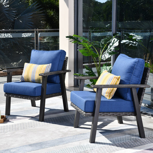Pouuin Hw Set of 2 Gray Steel Frame Stationary Conversation Chair with Navy Woven Seat