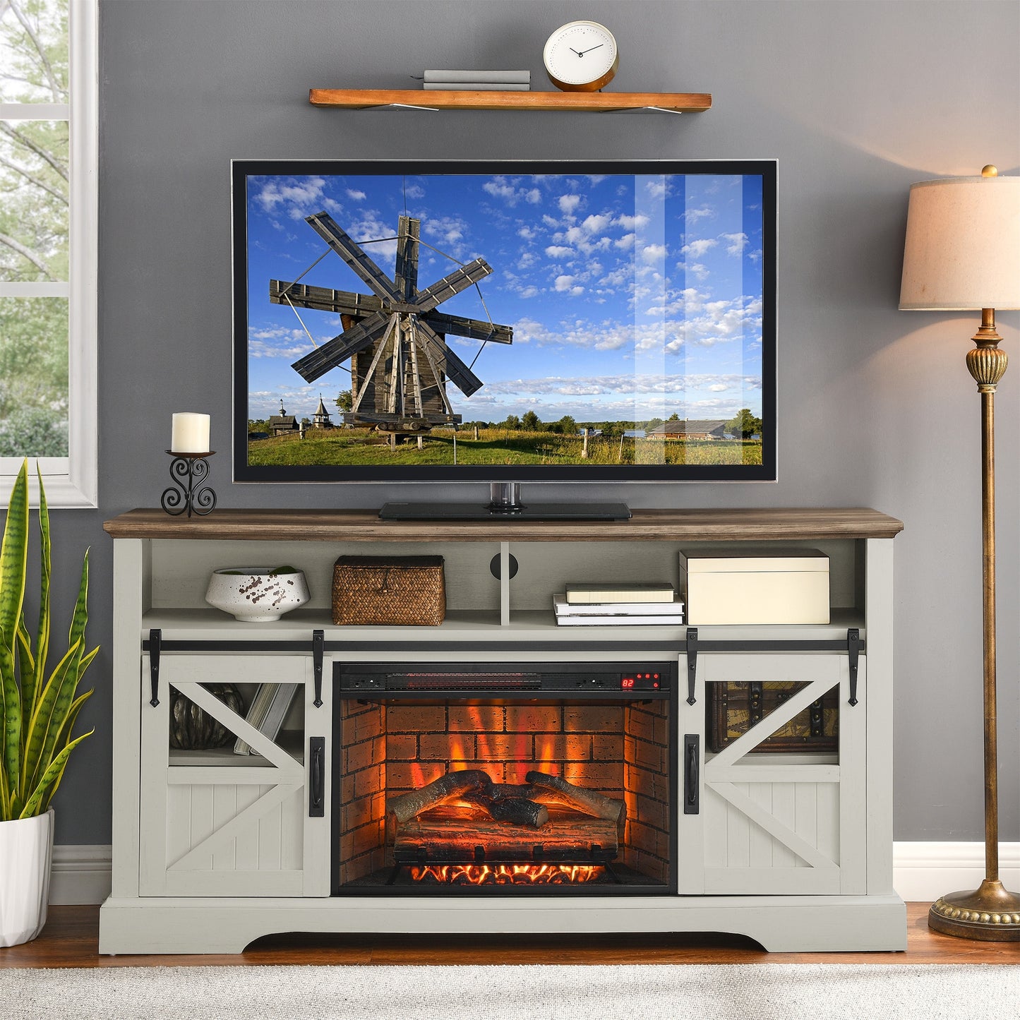 Clihome 60-in W White TV Stand with Infrared Quartz Electric Fireplace CL-CB7S004