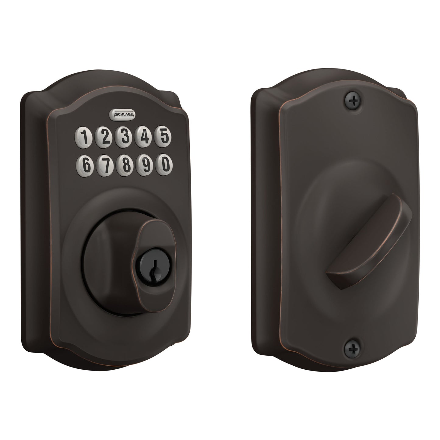 Schlage Camelot Aged Bronze Electronic Deadbolt with Keypad BE365 V CAM 716